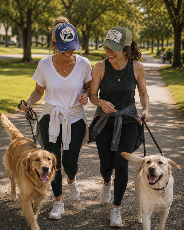 Dog hats by BohoGroove featuring vintage distressed snapback hats for dog moms, dog lovers, and pet owners with a woman holding her dog outdoors.
