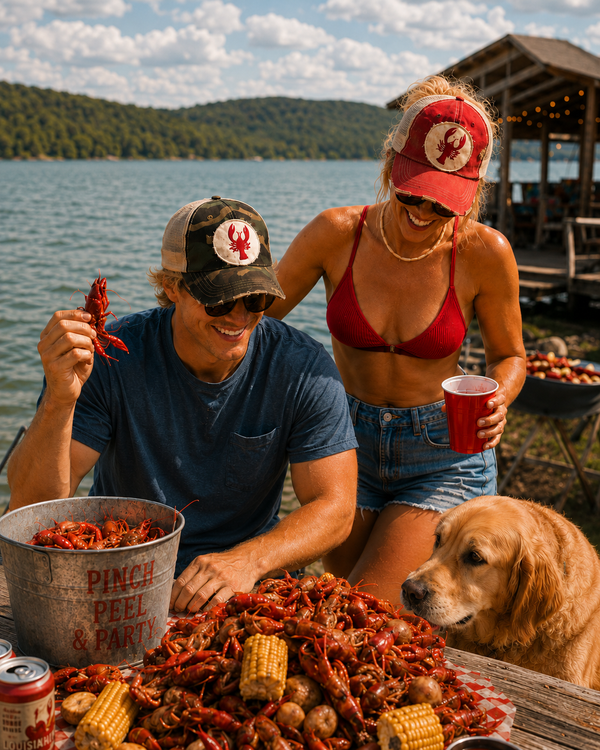 BohoGroove Pinch, Peel & Party collection featuring a couple wearing vintage distressed crawfish patch snapback hats at a lakeside crawfish boil with a golden retriever, fresh crawfish, and Southern summer gathering.