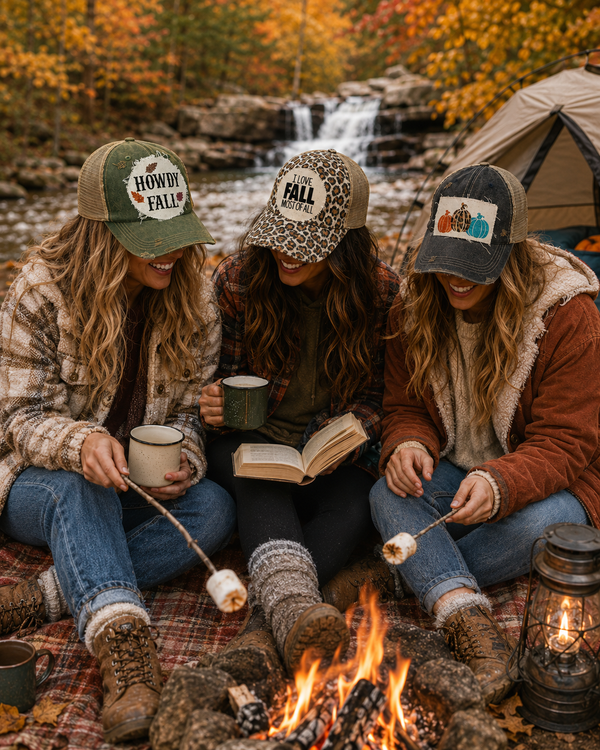 Model wearing the It's Fall Y'all hat by BohoGroove featuring black script lettering on a cream patch on an olive vintage distressed snapback, part of the Harvest Happenings fall collection.