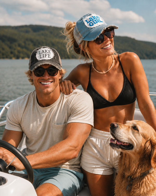 Lake hats by BohoGroove featuring vintage distressed snapback hats for boating weekends and lake life