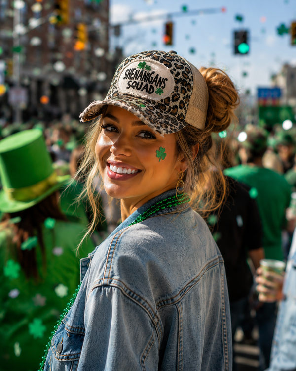 St. Patrick’s Day hats by BohoGroove featuring vintage distressed snapback hats with lucky green and festive designs