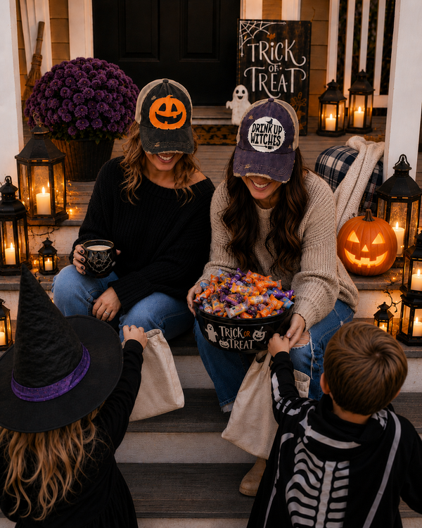 Halloween hats by BohoGroove featuring vintage distressed snapback trucker hats with spooky fun and festive fall designs