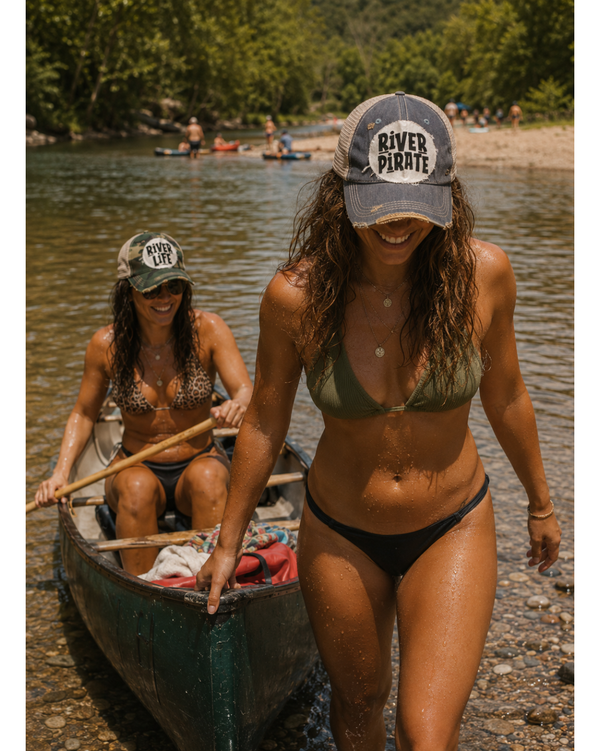 River hats by BohoGroove featuring vintage distressed snapback hats for float trips river days and summer adventures
