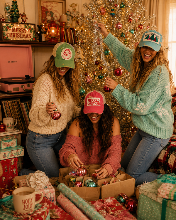  Christmas hats by BohoGroove featuring vintage distressed snapback hats with festive holiday designs
