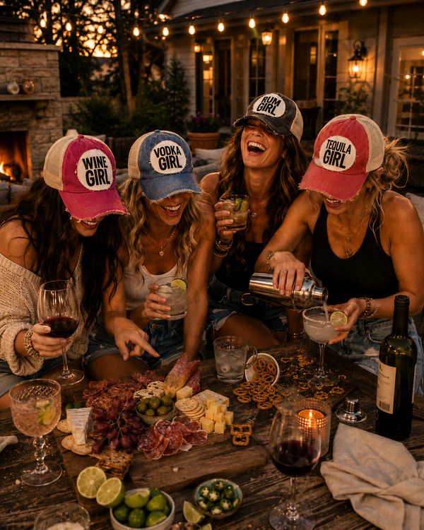 BohoGroove Good Time Girls collection with women wearing Wine Girl, Vodka Girl, Rum Girl, and Tequila Girl vintage distressed snapback hats at an outdoor patio party with cocktails, charcuterie, string lights, and a cozy evening atmosphere.