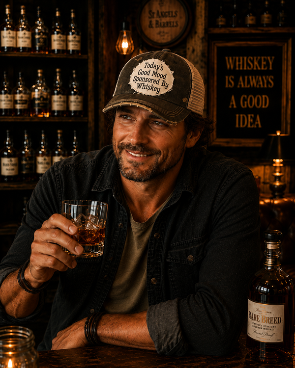 Funny drinking hats by BohoGroove featuring vintage distressed snapback hats inspired by cocktails and good mood sayings