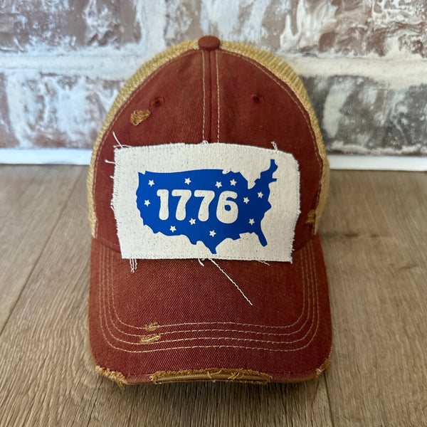 1776 hat by BohoGroove patriotic USA silhouette and stars patch on brick red vintage distressed snapback