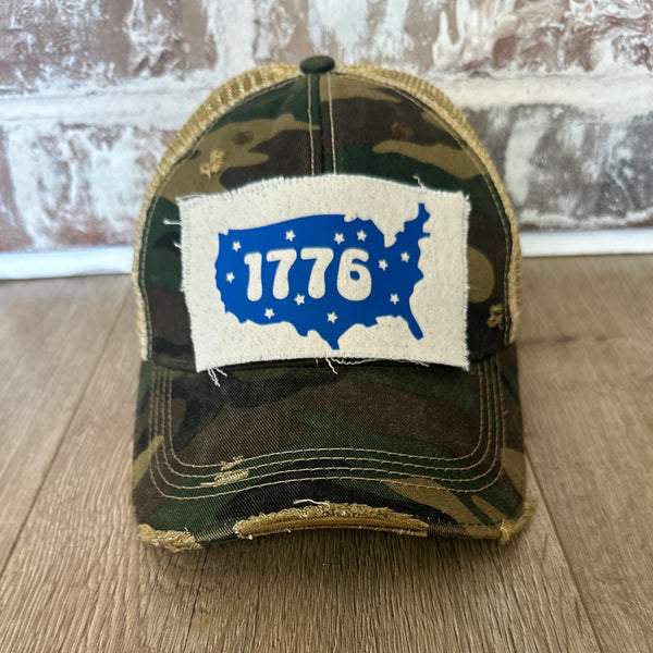 1776 hat by BohoGroove patriotic USA silhouette and stars patch on camo vintage distressed snapback