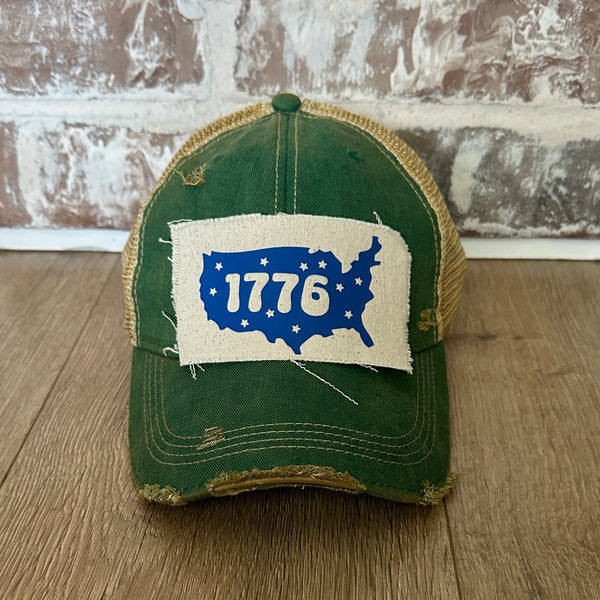 1776 hat by BohoGroove patriotic USA silhouette and stars patch on green  vintage distressed snapback