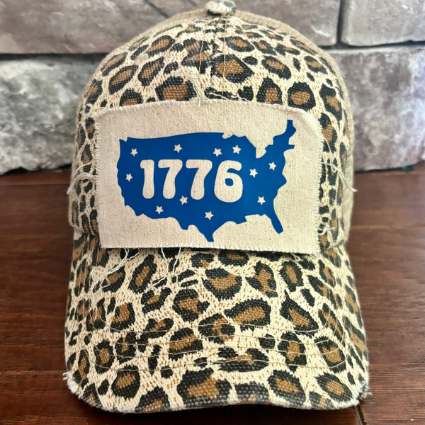 1776 hat by BohoGroove patriotic USA silhouette and stars patch on leopard vintage distressed snapback