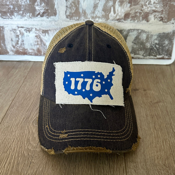 1776 hat by BohoGroove patriotic USA silhouette and stars patch on navy blue vintage distressed snapback