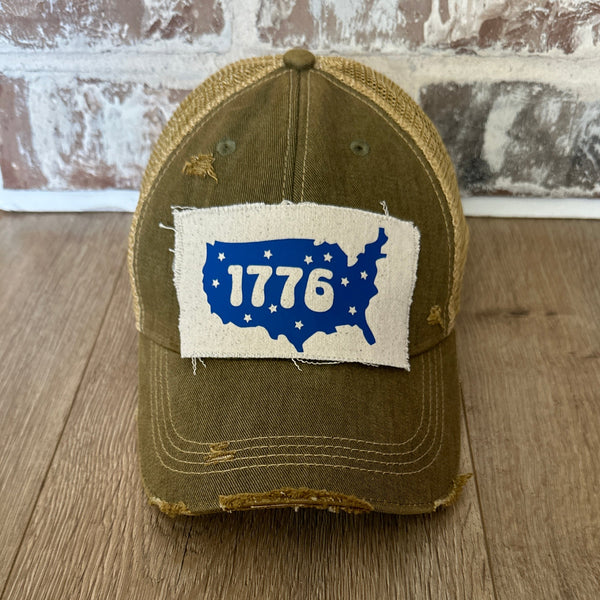 1776 hat by BohoGroove patriotic USA silhouette and stars patch on olive vintage distressed snapback