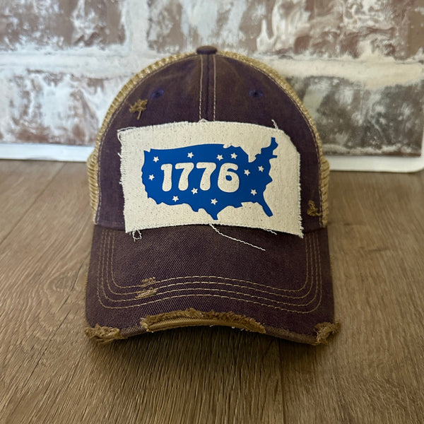 1776 hat by BohoGroove patriotic USA silhouette and stars patch on purple vintage distressed snapback