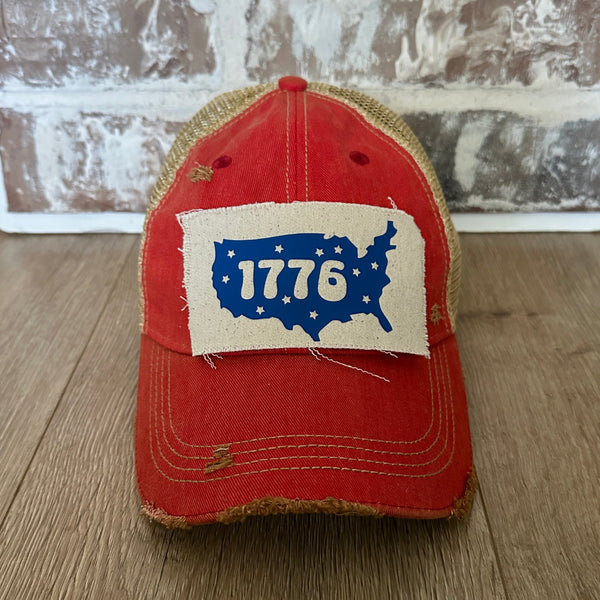 1776 hat by BohoGroove patriotic USA silhouette and stars patch on red vintage distressed snapback