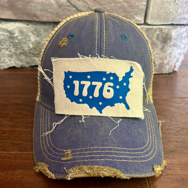 1776 hat by BohoGroove patriotic USA silhouette and stars patch on royal  blue vintage distressed snapback