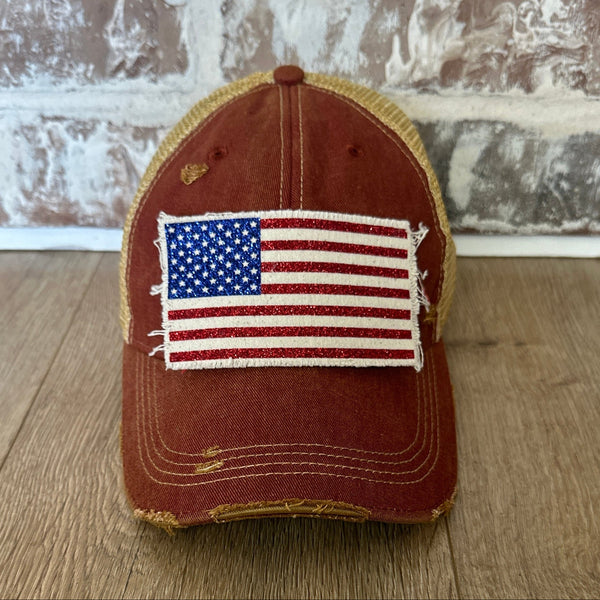 American Flag glitter hat by BohoGroove with sparkly patriotic red white and blue patch on camo vintage distressed snapback