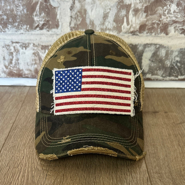 American Flag glitter hat by BohoGroove with sparkly patriotic red white and blue patch on camo vintage distressed snapback