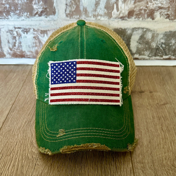 American Flag glitter hat by BohoGroove with sparkly patriotic red white and blue patch on leopard vintage distressed snapback