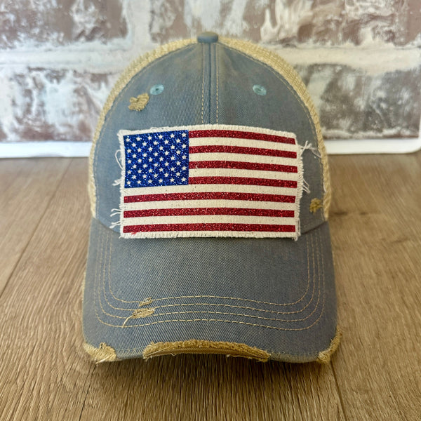 American Flag glitter hat by BohoGroove with sparkly patriotic red white and blue patch on light blue vintage distressed snapback