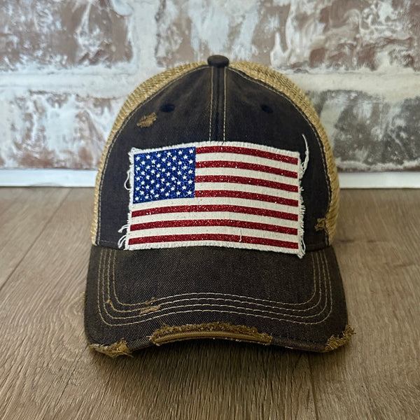 American Flag glitter hat by BohoGroove with sparkly patriotic red white and blue patch on navy vintage distressed snapback