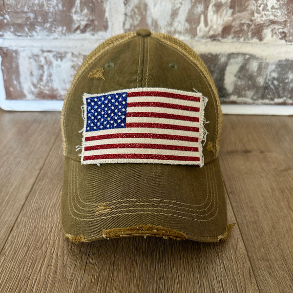 American Flag glitter hat by BohoGroove with sparkly patriotic red white and blue patch on olive vintage distressed snapback