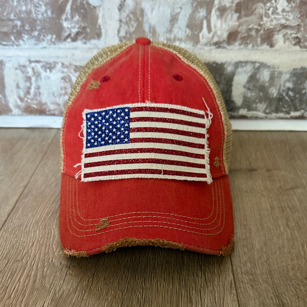 American Flag glitter hat by BohoGroove with sparkly patriotic red white and blue patch on red vintage distressed snapback