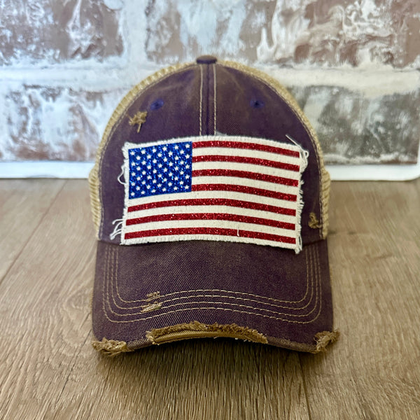 American Flag glitter hat by BohoGroove with sparkly patriotic red white and blue patch on purple vintage distressed snapback
