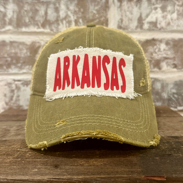 Arkansas hat by BohoGroove featuring a red ARKANSAS design on an Olive vintage distressed snapback trucker hat.