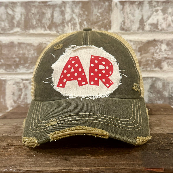 Arkansas Polka Dot hat by BohoGroove featuring a red polka dot AR design on a Black vintage distressed snapback trucker hat.