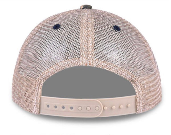 Back view of BohoGroove vintage distressed trucker hat with adjustable snapback closure and mesh back