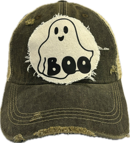 Boo Ghost hat by BohoGroove with black ghost graphic and BOO lettering on a distressed off-white patch on a black vintage distressed snapback.