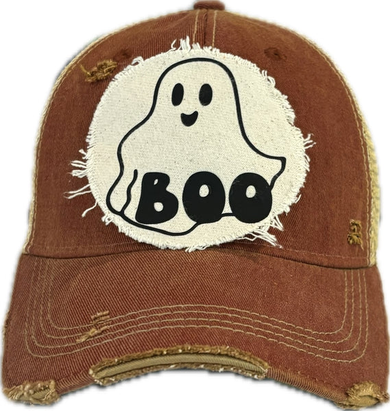 Boo Ghost hat by BohoGroove with black ghost graphic and BOO lettering on a distressed off-white patch on a brick red vintage distressed snapback.