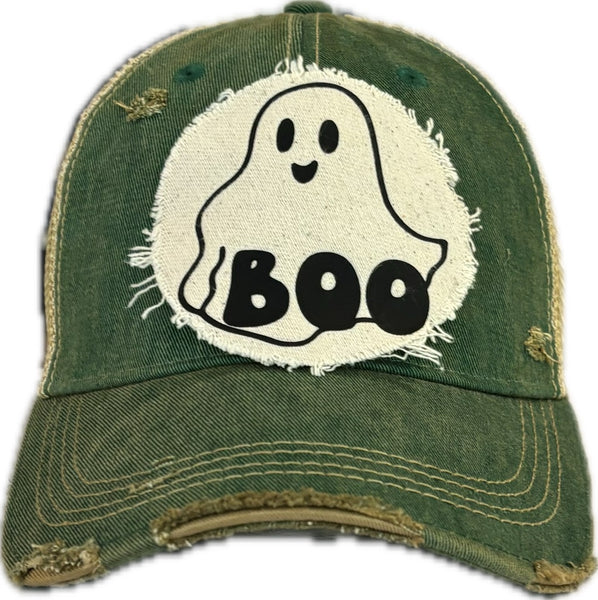 Boo Ghost hat by BohoGroove with black ghost graphic and BOO lettering on a distressed off-white patch on a green vintage distressed snapback.