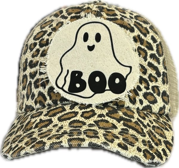 Boo Ghost hat by BohoGroove with black ghost graphic and BOO lettering on a distressed off-white patch on a leopard vintage distressed snapback.