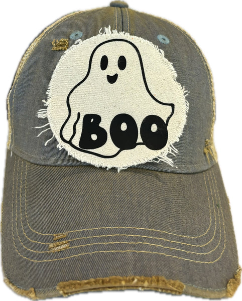 Boo Ghost hat by BohoGroove with black ghost graphic and BOO lettering on a distressed off-white patch on a light blue vintage distressed snapback.