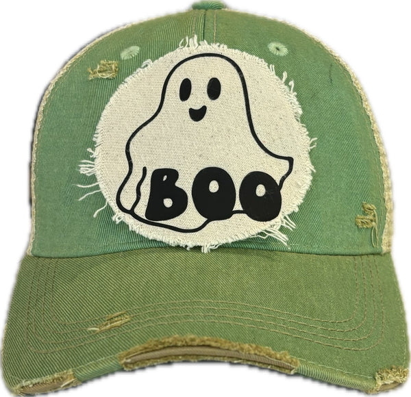 Boo Ghost hat by BohoGroove with black ghost graphic and BOO lettering on a distressed off-white patch on a mint vintage distressed snapback.