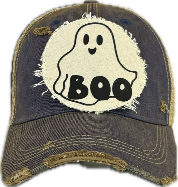 Boo Ghost hat by BohoGroove with black ghost graphic and BOO lettering on a distressed off-white patch on a navy blue vintage distressed snapback.