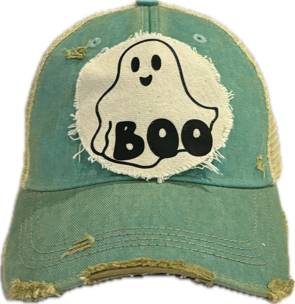 Boo Ghost hat by BohoGroove with black ghost graphic and BOO lettering on a distressed off-white patch on an ocean blue vintage distressed snapback.