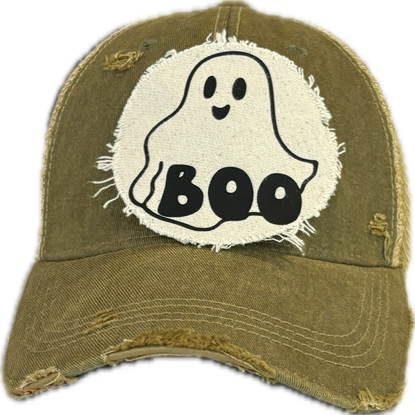 Boo Ghost hat by BohoGroove with black ghost graphic and BOO lettering on a distressed off-white patch on an olive vintage distressed snapback.