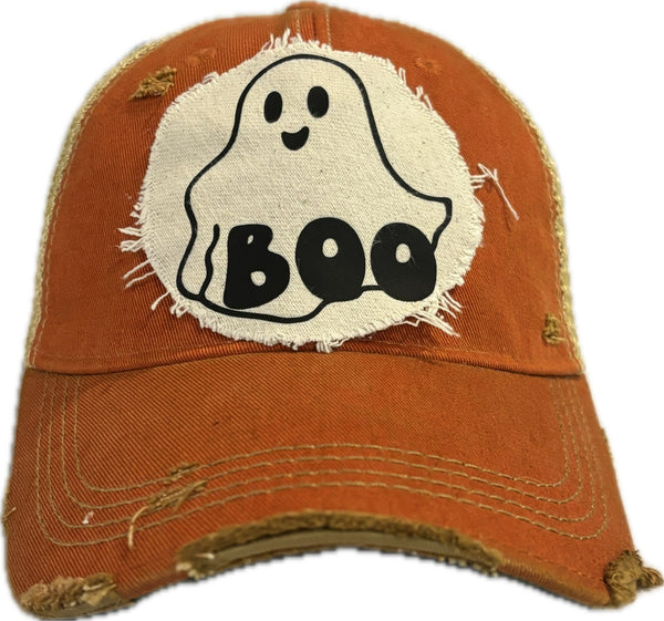 Boo Ghost hat by BohoGroove with black ghost graphic and BOO lettering on a distressed off-white patch on an orange vintage distressed snapback.