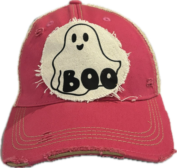Boo Ghost hat by BohoGroove with black ghost graphic and BOO lettering on a distressed off-white patch on a pink vintage distressed snapback.