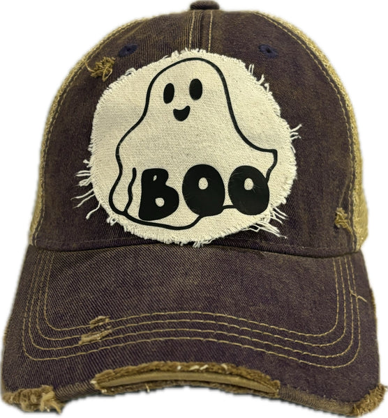 Boo Ghost hat by BohoGroove with black ghost graphic and BOO lettering on a distressed off-white patch on a purple vintage distressed snapback.