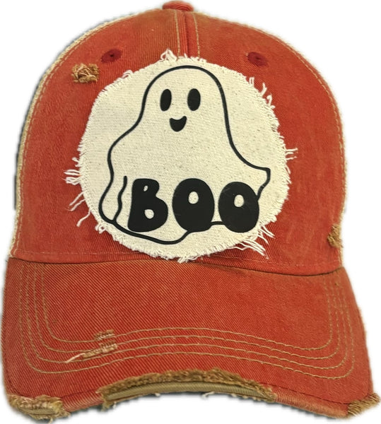 Boo Ghost hat by BohoGroove with black ghost graphic and BOO lettering on a distressed off-white patch on a red vintage distressed snapback.