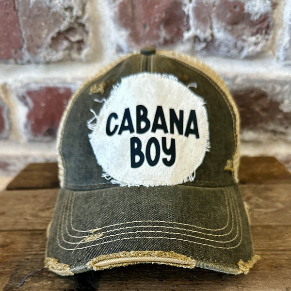 Cabana Boy hat by BohoGroove featuring black Cabana Boy lettering on a distressed off-white patch on a black vintage distressed snapback trucker hat.