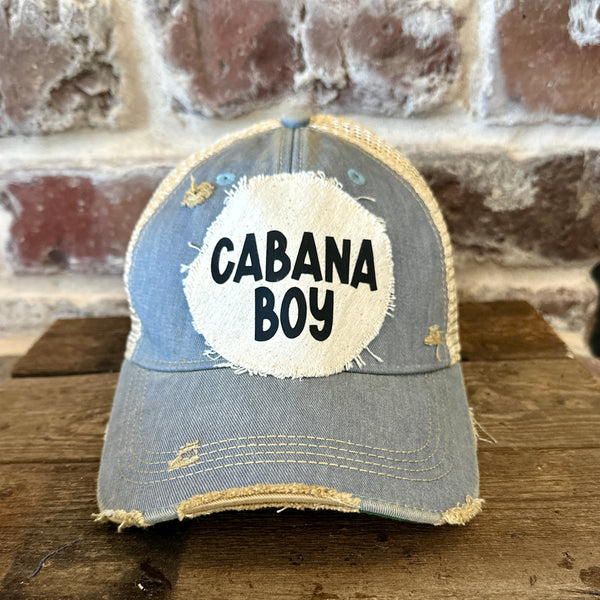 Cabana Boy hat by BohoGroove featuring black Cabana Boy lettering on a distressed off-white patch on a light blue vintage distressed snapback trucker hat.