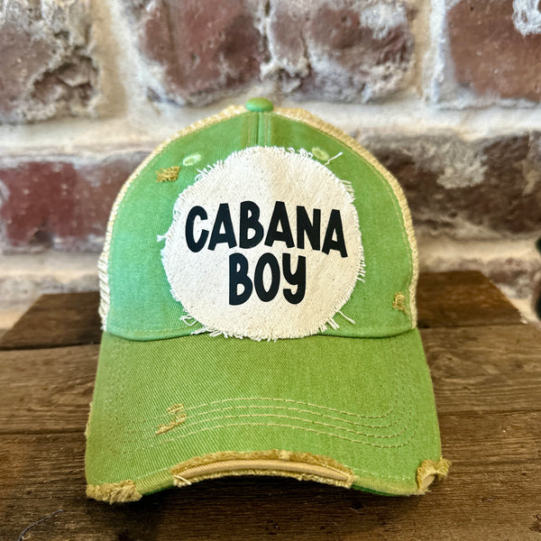 Cabana Boy hat by BohoGroove featuring black Cabana Boy lettering on a distressed off-white patch on a mint vintage distressed snapback trucker hat.