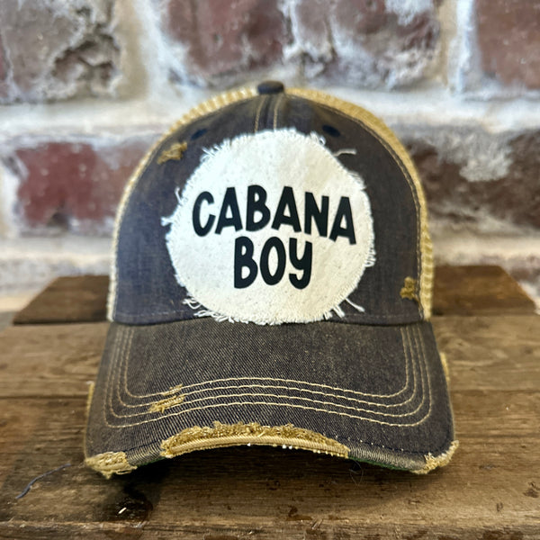 Cabana Boy hat by BohoGroove featuring black Cabana Boy lettering on a distressed off-white patch on a navy vintage distressed snapback trucker hat.