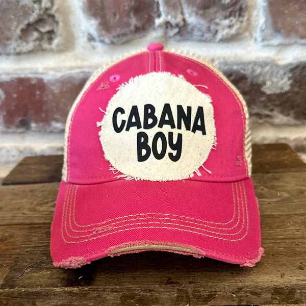 Cabana Boy hat by BohoGroove featuring black Cabana Boy lettering on a distressed off-white patch on a pink vintage distressed snapback trucker hat.