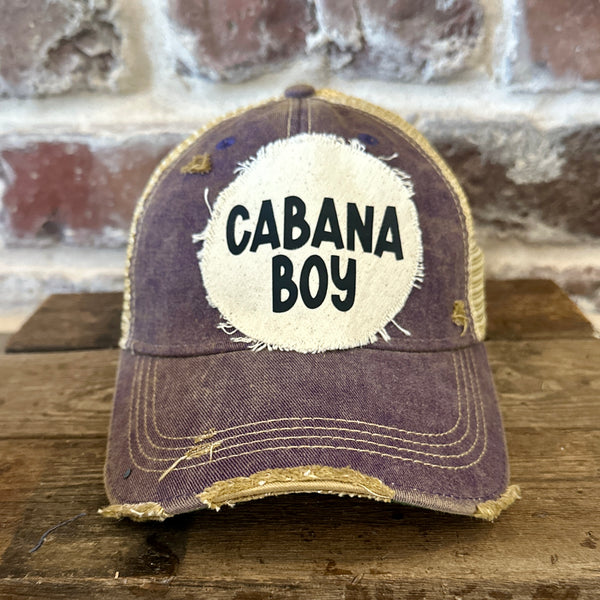 Cabana Boy hat by BohoGroove featuring black Cabana Boy lettering on a distressed off-white patch on a purple vintage distressed snapback trucker hat.