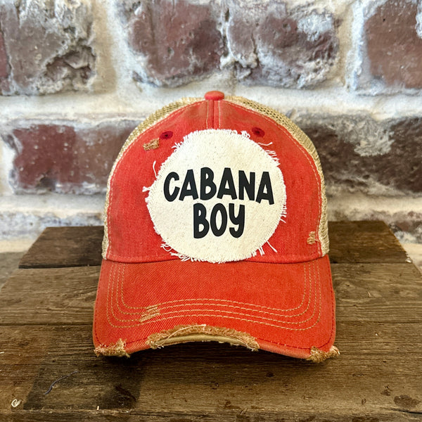 Cabana Boy hat by BohoGroove featuring black Cabana Boy lettering on a distressed off-white patch on a red vintage distressed snapback trucker hat.